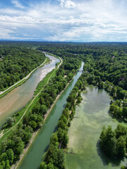 The Isar river flows into the city of Munich aerial view