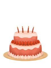 Two-tier festive cake with candles in a flat style on a white background. Delicious yellow and pink cream cake for a party. Sticker for childrens party design, icon for a party invitation with a treat