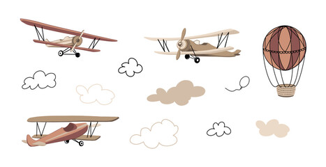 Retro airplanes in beige color minimalist style. Hand drawn vector illustration aviation. Set background illustration of a cute and sky scene complete with airplanes and balloons, clouds.