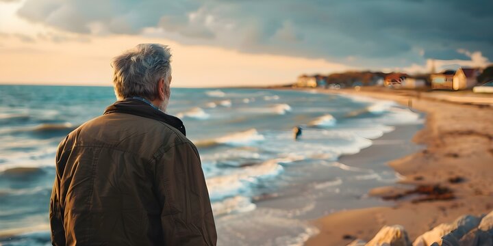 A widower revisits seaside town waves evoke memories of his honeymoon. Concept Revisiting Memories, Seaside Town, Widow's Journey, Honeymoon Flashback, Waves of Emotions