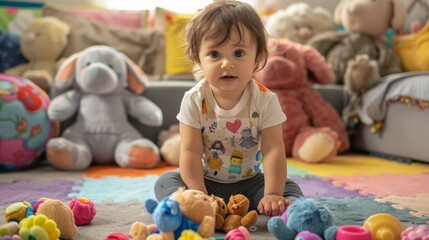 Fototapeta premium A toddler sitting on a play mat, surrounded by soft, plush toys