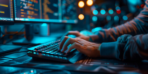 Software development, IT operations. Developer working on computer