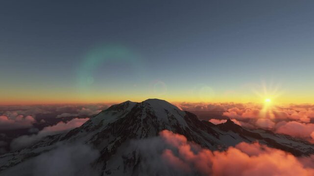 Circular aerial shot at sunset Mount Rainier in Washington. United States