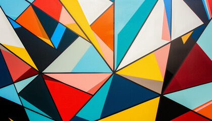 A bold and vibrant geometric abstract artwork with sharp angles and bright colors creating a dynamic and visually engaging composition