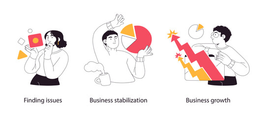 Business project management tools and phases - set of business concept illustrations. Visual stories collection.