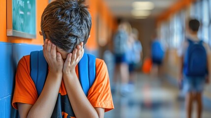 Sad child shielding his face in school