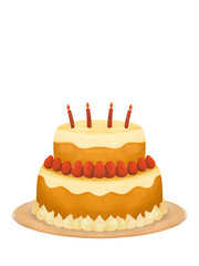 Two-tier festive cake with candles in a flat style on a white background. Delicious yellow and pink cream cake for a party. Sticker for childrens party design, icon for a party invitation with a treat