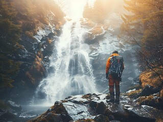 Obraz premium Hiker Stands at Base of Breathtaking Waterfall Surrounded by Lush Wilderness