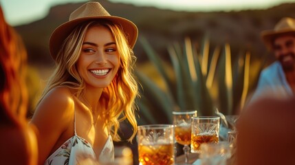 Stylish guests enjoying drinks in field