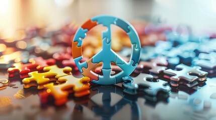 A minimalist design featuring the peace symbol formed by puzzle pieces emphasizing unity