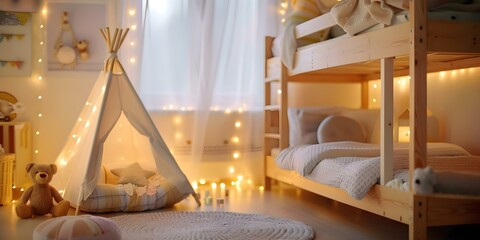 Cozy childrens bedroom with bunk beds teepee starry night sky and toys. Concept Children's Bedroom Design, Cozy Decor, Bunk Bed Setup, Teepee Corner, Starry Night Sky Theme, Toy Storage Solutions