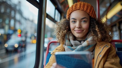 A young woman wearing a cozy hat and scarf holds her tablet while sitting on a bus. Her pleasant smile, combined with the urban backdrop, evokes a sense of warm comfort.