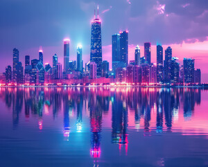 Fototapeta premium Modern city skyline illuminated by renewable energy sources, electric power, sustainable urban development at dusk with vibrant lights reflecting on water, showcasing green technology innovation