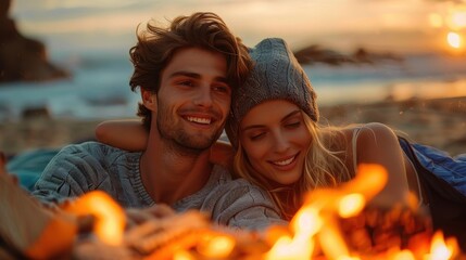 A couple smiling and enjoying their time together near a bonfire on the beach as the sun sets behind them, creating a warm and serene atmosphere.