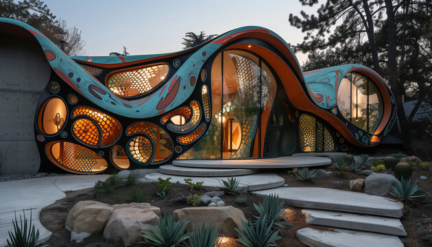 An architectural masterpiece with fluid and organic design elements illuminated by warm interior lights creating a futuristic and inviting home