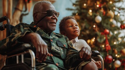 retired black veteran with an eyepatch in his wheelchair, with his grandkid