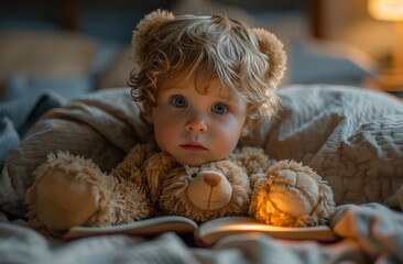 Fototapeta premium A young child with curly blonde hair is sitting in bed with wide blue eyes, attentively reading a bedtime story while cuddling a beloved teddy bear, evening light illuminating.