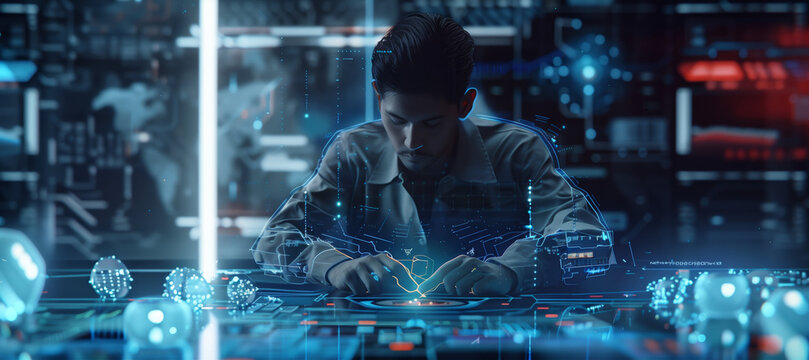 AI technology. Big data analytics. Data analyst analyzing data queries