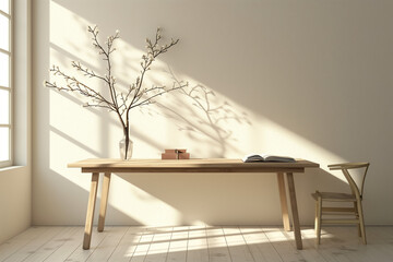 Modern wooden dining table with twig in vase, book, chair in sunlight from window on beige cream wall room for minimal interior design decoration, luxury product display background 3D