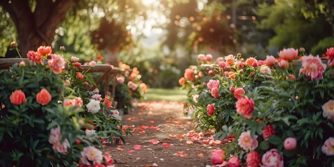 Naklejka premium Rustic English Garden Wedding with Peony Floral Decor. Concept Wedding Decor, Rustic Theme, English Garden, Peony Florals, Outdoor Ceremony