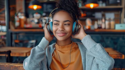 A joyful young woman wearing headphones and listening to music while sitting in a stylish bistro with an inviting and contemporary interior design.