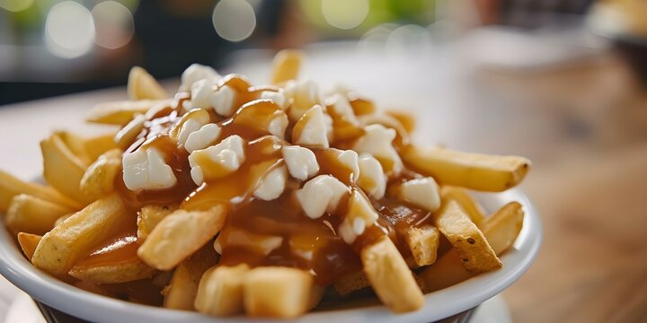 A detailed view of Canadian poutine dish featuring fries, cheese curds, and gravy. Concept Food Photography, Canadian Cuisine, Poutine Dish, Comfort Food, Savory Delight