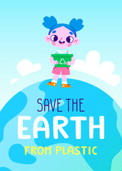 Cartoon poster about recycling with funny child. Environmental banner with adorable girl.
