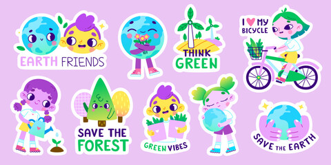 Cartoon environmental sticker set for kids. Vector colorful ecology collection with cute children.