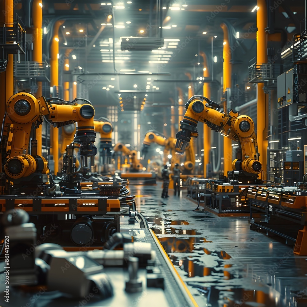 Poster futuristic industrial robotics testing facility with autonomous machines and data monitoring