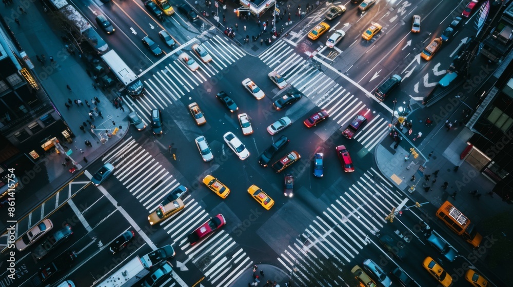 Poster aerial view of gridlocked traffic in a city intersection, illustrating peak commute hours