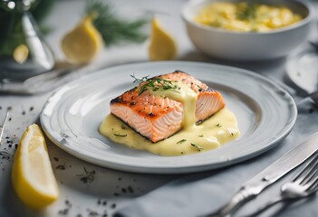 Rosemary roasted salmon served with lemons, topped by mustard rosemary sauce, grilled salmon steak served with fresh herbs, lemon and honey mustard sauce. Lunch in restaurant.