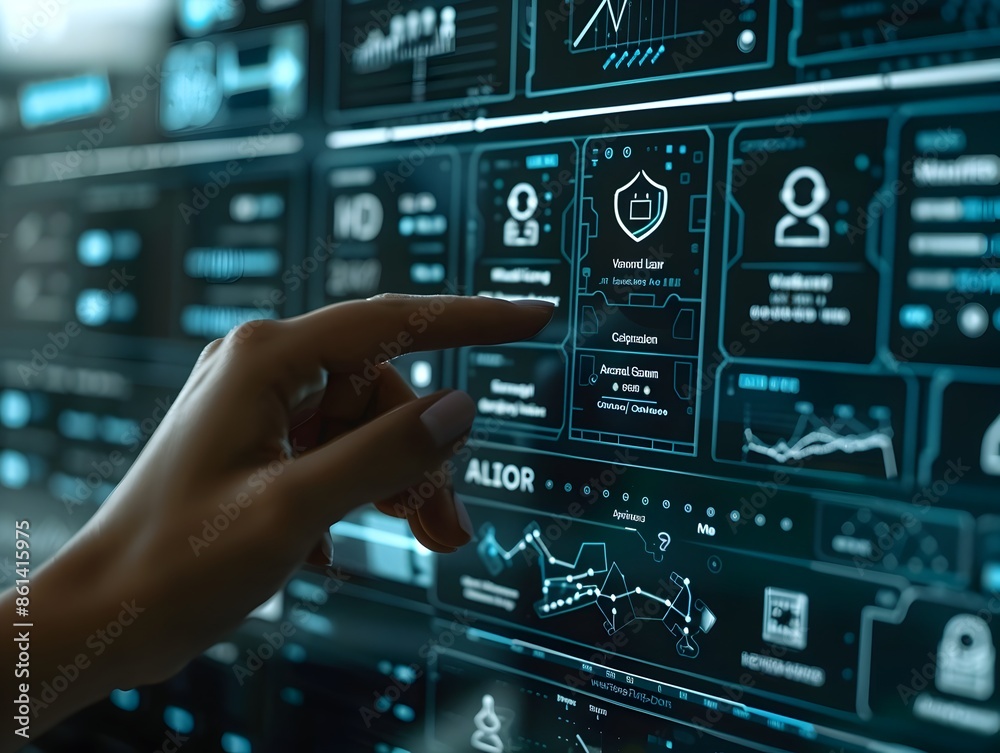 Poster digital insurance interface user selecting coverage options on high tech screen