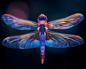 Neon Dragonfly with Iridescent Wings Hovering on Black Backdrop