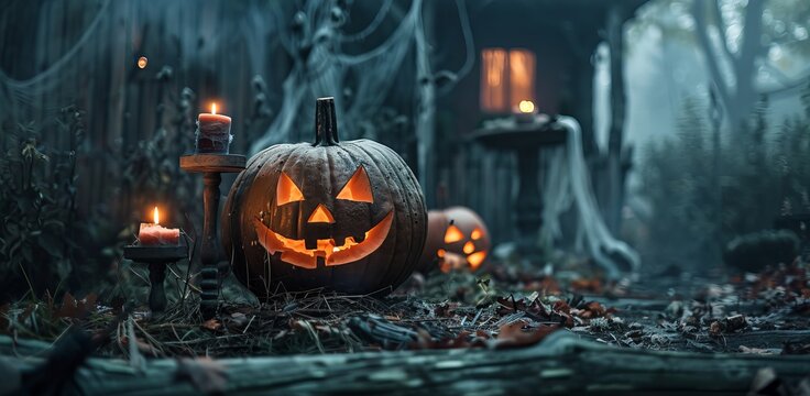 Lit jack olanterns in a spooky forest setting at night