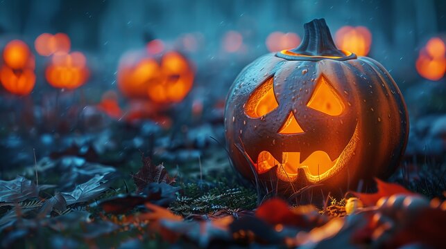 Glowing jack o lantern in a dark forest on halloween night