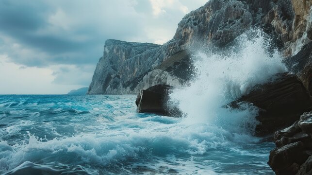 A dramatic scene of powerful ocean waves crashing against picturesque rocks. This adventurous and dynamic scene is perfect for surf schools and adventure tourism companies. Generative AI