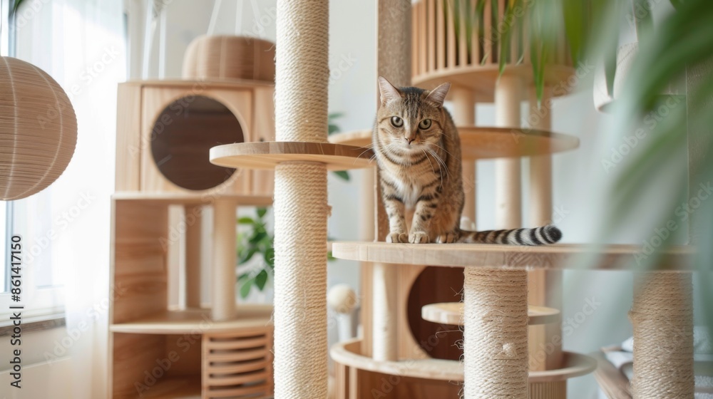 Aufkleber Close-up of a modern cat condo with multiple levels and scratching posts, ideal for active cats