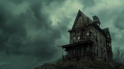 Eerie victorian house under stormy skies