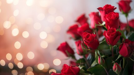 Obraz premium A bouquet of vivid red roses set against a background with a soft bokeh effect, portraying elegance, romance, and natural beauty in a stunning visual.