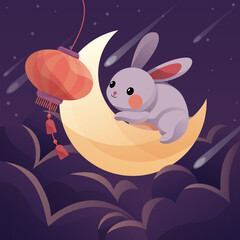A little rabbit sitting on the moon, playing with a lantern, an illustration celebrating the Mid-Autumn Festival