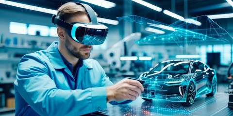 An auto mechanic wearing virtual reality glasses repairs a virtual car