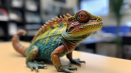 Fototapeta premium a toy lizard sitting on a table in a room with a blurry background