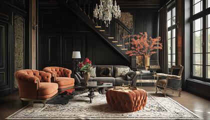 A luxurious living room with rich, dark decor and plush furnishings, exuding sophistication and comfort, perfect for elegant gatherings