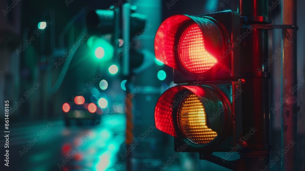 Poster Close-up of a traffic light changing from red to green, captured during a transition