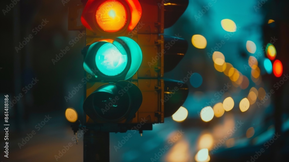 Poster Close-up of a traffic light changing from red to green, captured during a transition