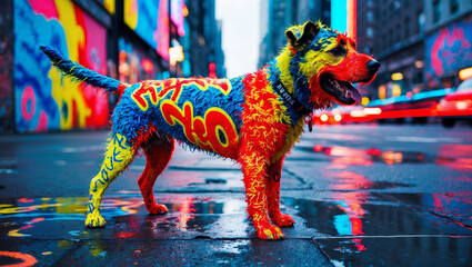 Hyperrealism artwork of dog covered in graffiti on a city street with neon lights