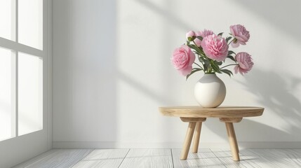 Flower stand with light wood and minimalist Scandinavian design featuring white lilies isolated on a solid bright room
