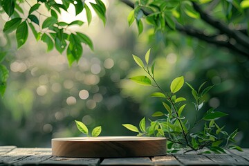 Empty space mockup podium for tea product, blur nature background - generative ai