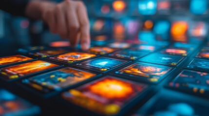 Hand selecting colorful gaming cards on a tabletop. Vibrant and intense game setup with strategic elements and high detail.