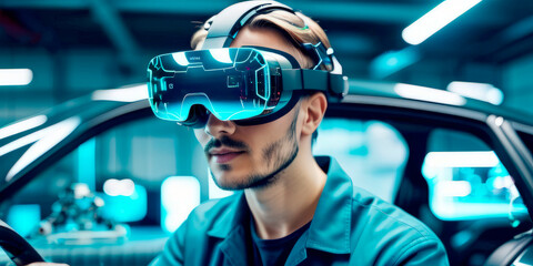 An auto mechanic wearing virtual reality glasses repairs a virtual car